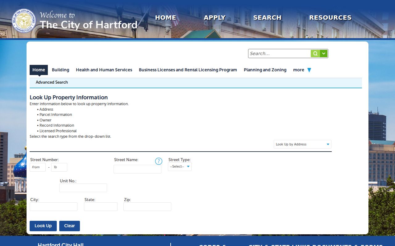 Hartford ZIP directory Accela address lookup with ZIP field